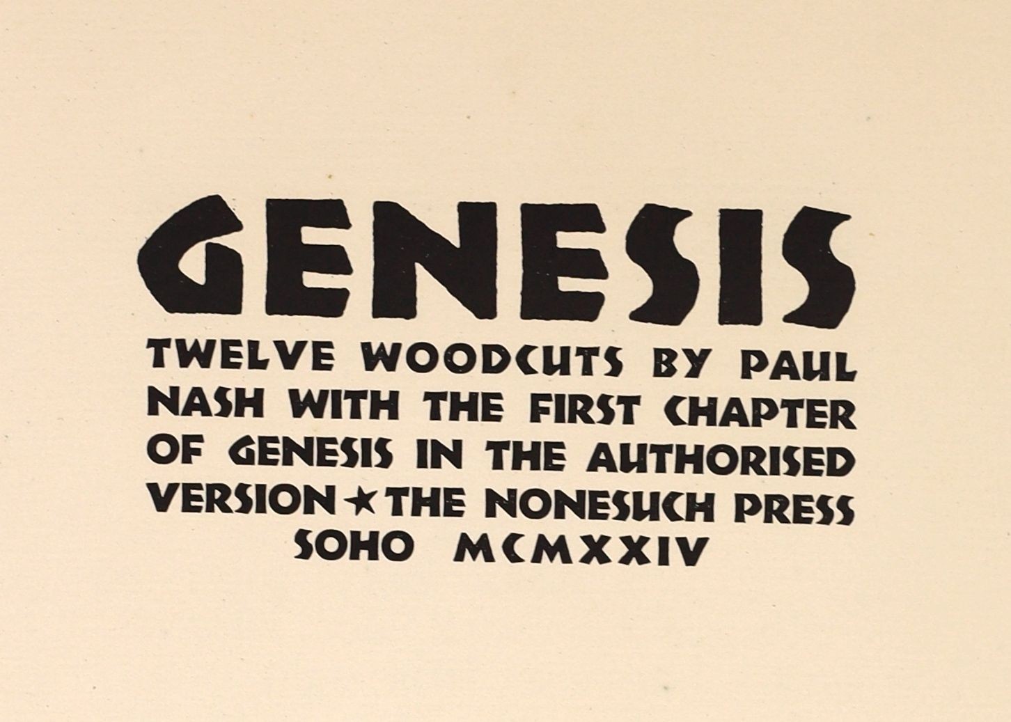 Bible in English - Nash, Paul [illustrator] - Genesis. Limited edition, one of 375, Authors presentation copy to his wife with signed inscription. Complete with 12 woodcut illustrations by Paul Nash. Original black paper